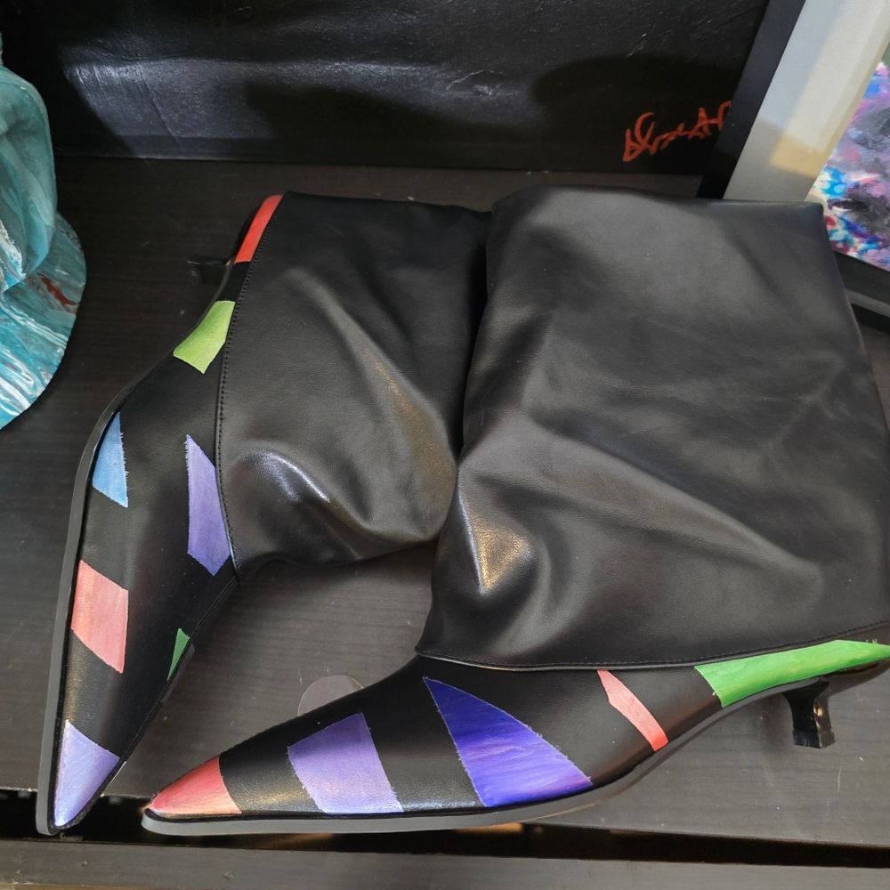 HANDCRAFTED Upcycled Abstract Ankle Boots HANDPAINTED Kitten Heel Slouch Booties - Picture 3 of 16